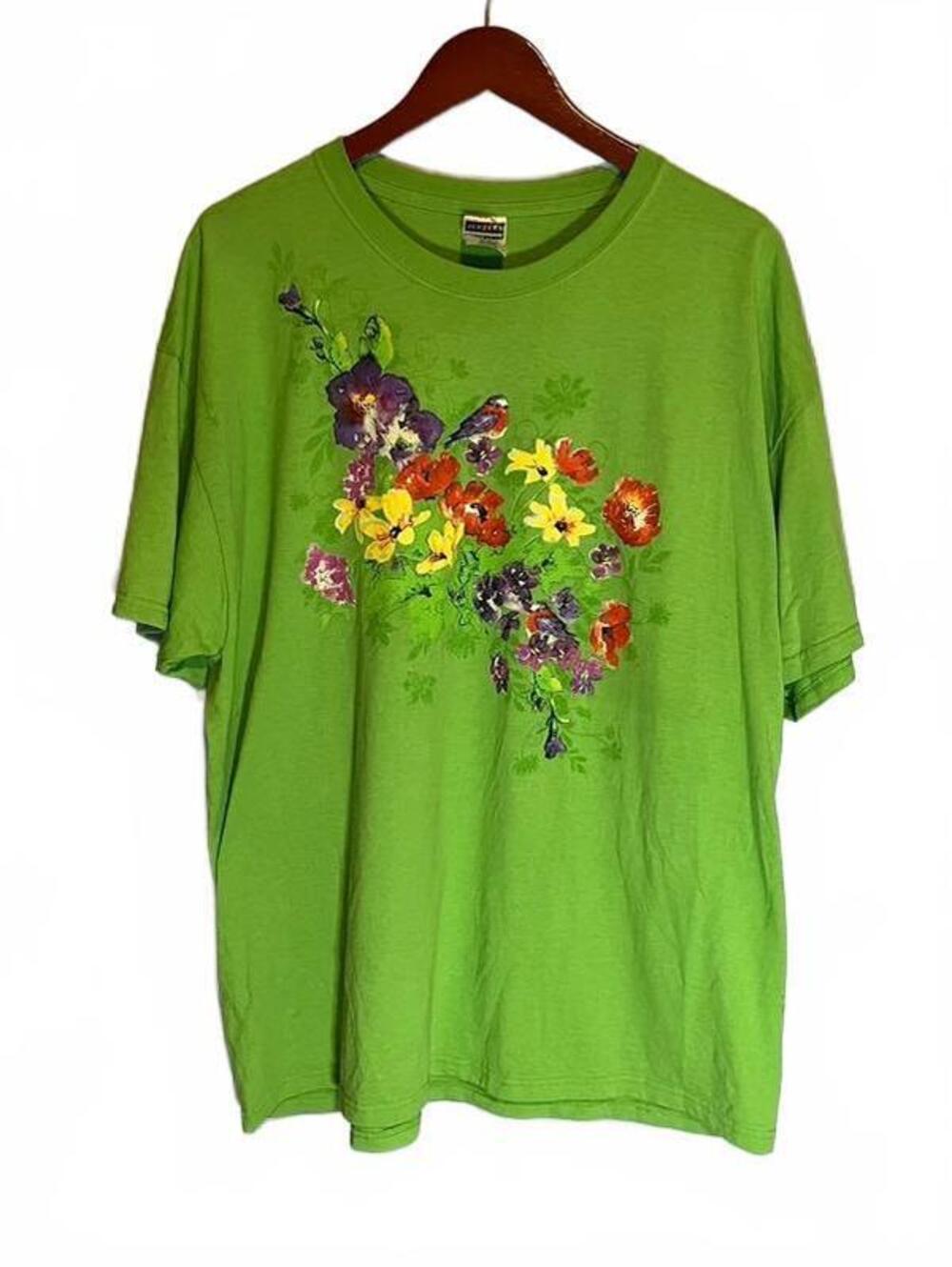 Vintage birds flowers bright green t shirt xxl granny cottage